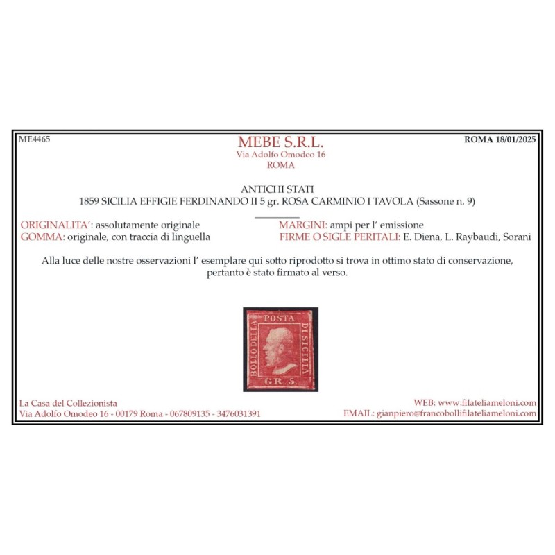 SICILIA 1859 5 GRANA ROSA CARMINIO I TAV. N.9 G.O MH* CERT.  | Fila...