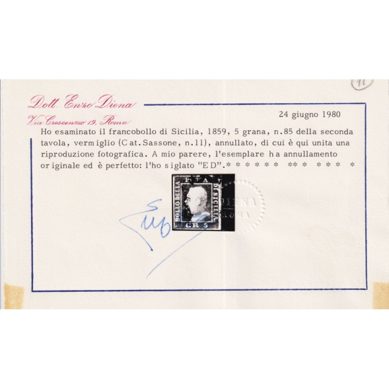 SICILIA 1859 5 GRANA VERMIGLIO II TAV. N.11 US. 2 CERT.  | Filateli...