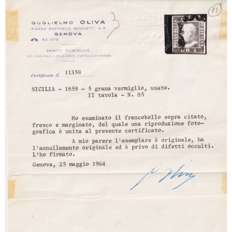 SICILIA 1859 5 GRANA VERMIGLIO II TAV. N.11 US. 2 CERT.  | Filateli...