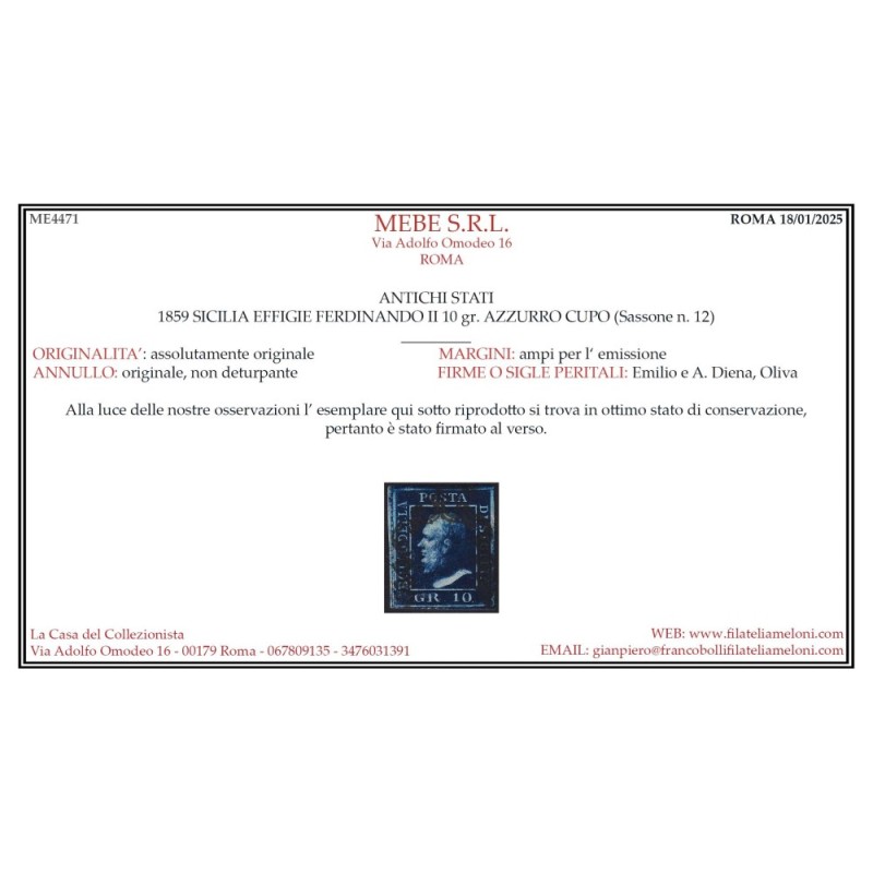 SICILIA 1859 10 GRANA AZZURRO CUPO N.12 US. CERT.  | Filatelia Meloni