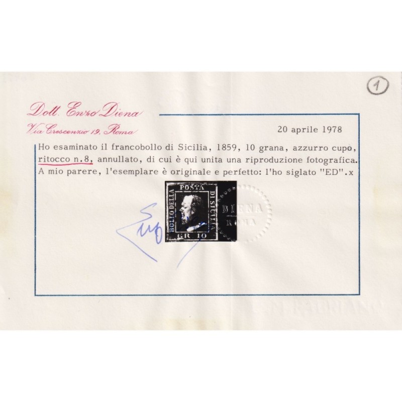 SICILIA 1859 10 GRANA AZZURRO CUPO RITOCCO N.8 N.12 US. CERT.  | Fi...