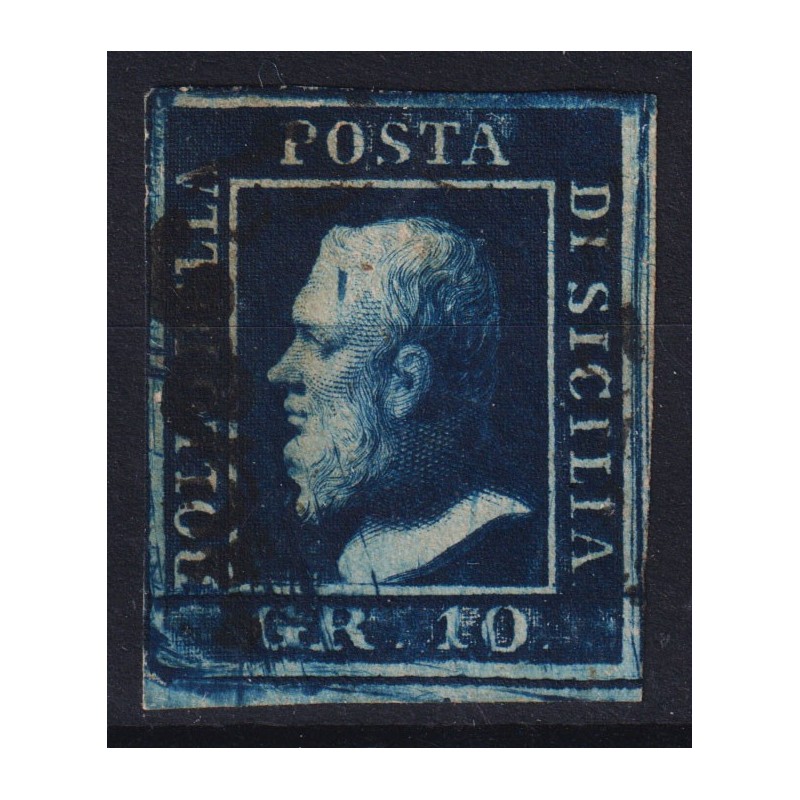 SICILIA 1859 10 GRANA AZZURRO CUPO POSIZIONE 91 N.12 US. CERT.  | F...