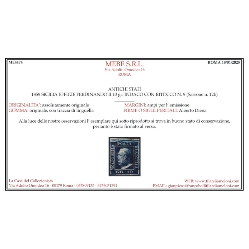 SICILIA 1859 10 GRANA INDACO RITOCCO N.9 N.12b G.O MH* CERT.  | Fil...