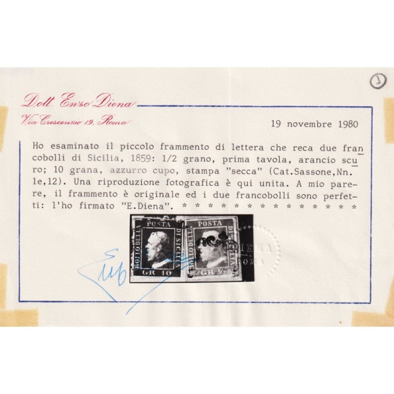 SICILIA 1859 ½ GRANO ARANCIO SCURO I TAV. E 10 GRANA N.1e,12 US. CE...