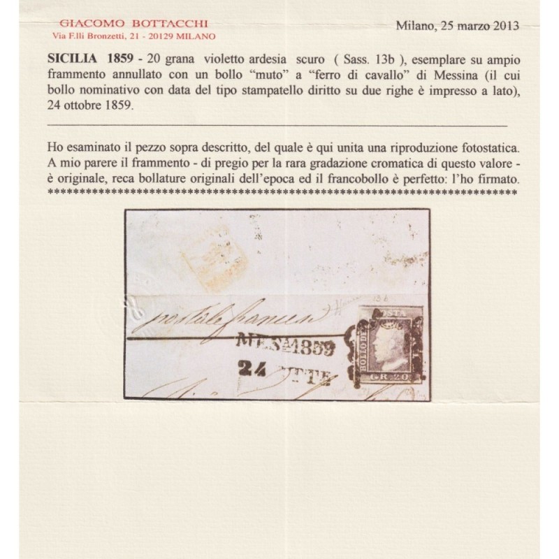 SICILIA 1859 20 GRANA VIOLETTO ARDESIA SCURO N.13b US. 2 CERT.  | F...