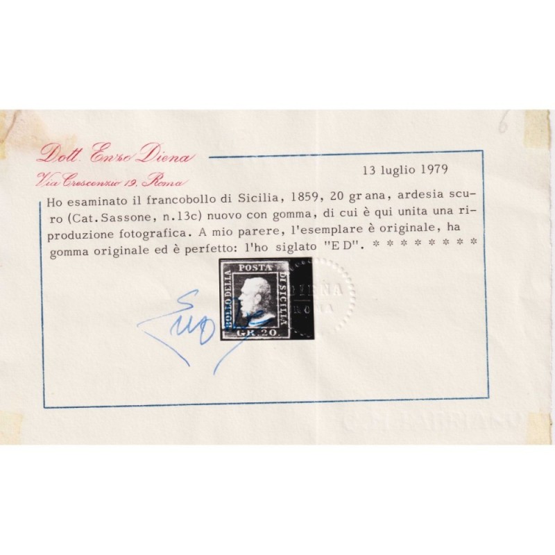 SICILIA 1859 20 GRANA ARDESIA SCURO N.13c G.O MH* CERT.  | Filateli...