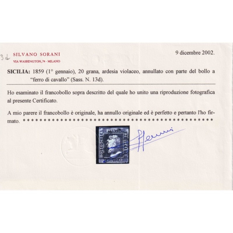 SICILIA 1859 20 GRANA ARDESIA VIOLACEO N.13d US. CERT.  | Filatelia...