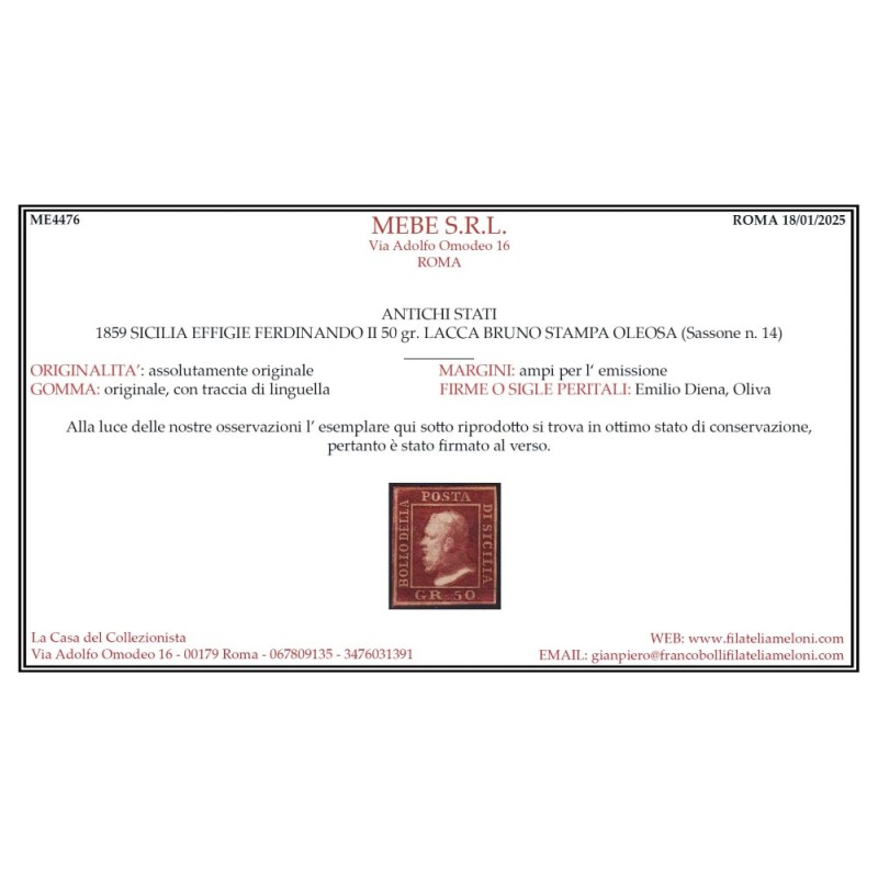 SICILIA 1859 50 GRANA LACCA BRUNO OLEOSA N.14 G.O MH* CERT.  | Fila...