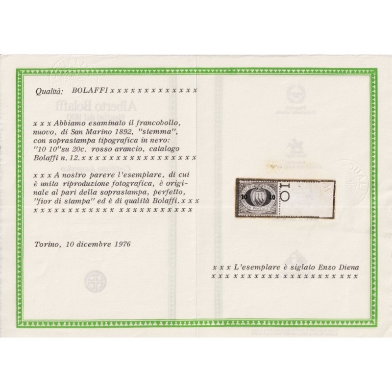 SAN MARINO 1892 STEMMI SOPRASTAMPATI N.8-11 G.I MNH** CERT. CENTRAT...