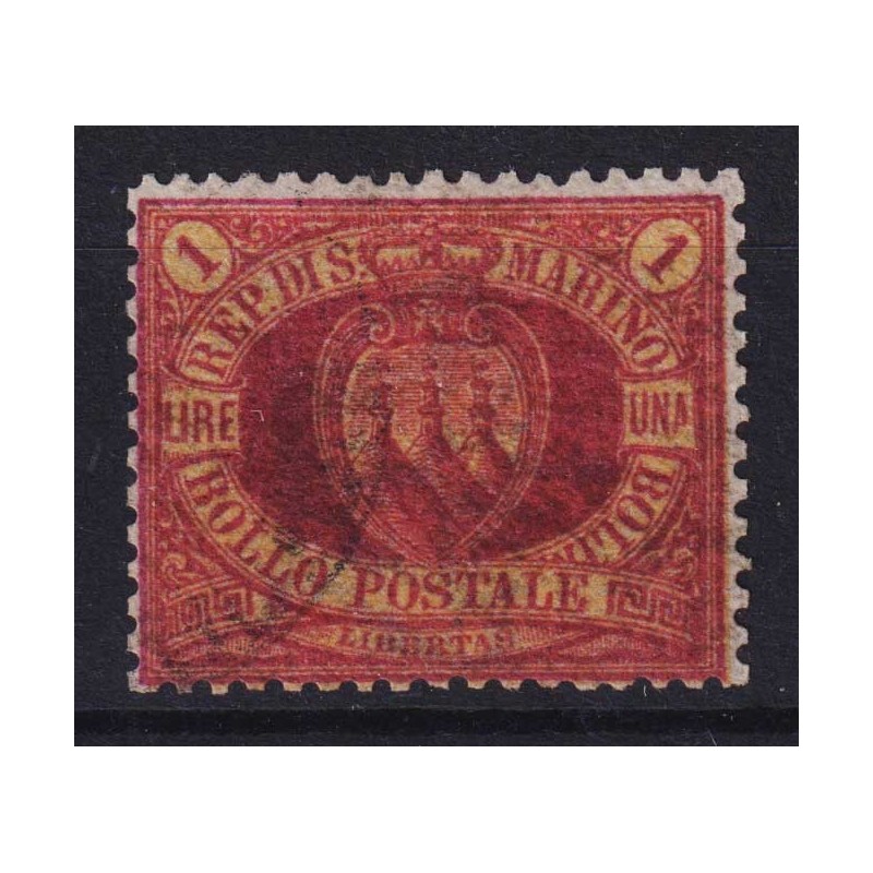 SAN MARINO 1892-94 STEMMA 1 LIRA ROSSA N.20 US. CERT.BOLAFFI  | Fil...