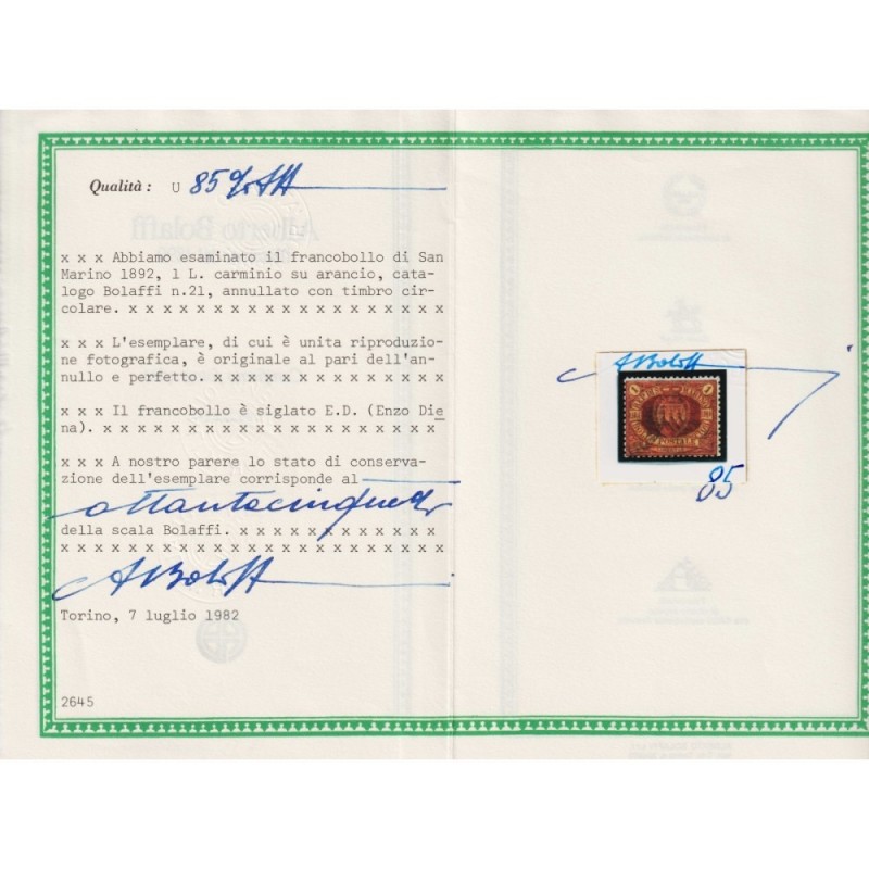 SAN MARINO 1892-94 STEMMA 1 LIRA ROSSA N.20 US. CERT.BOLAFFI  | Fil...