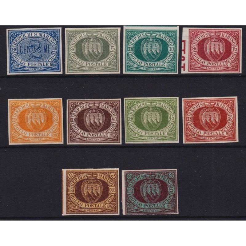 SAN MARINO 1892-94 CIFRA E STEMMI 10 V. PROVE D'ARCHIVIO CERT. G.I ...