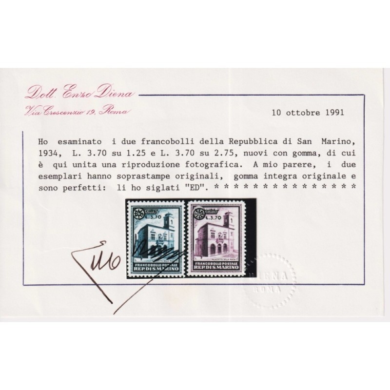 SAN MARINO 1934 PALAZZETTO DELLA POSTA 2 V. N.184-185 G.I MNH** CER...