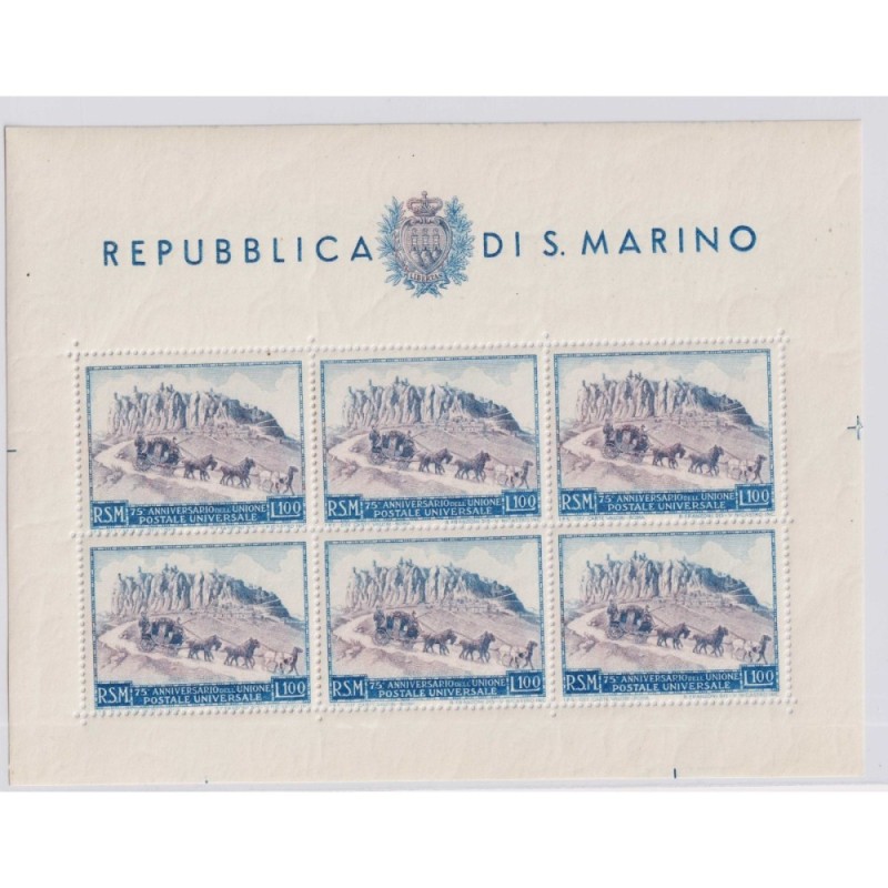 SAN MARINO 1949 FOGLIETTO UPU 100 LIRE N.8 G.I MNH** CERT. SENZA FA...