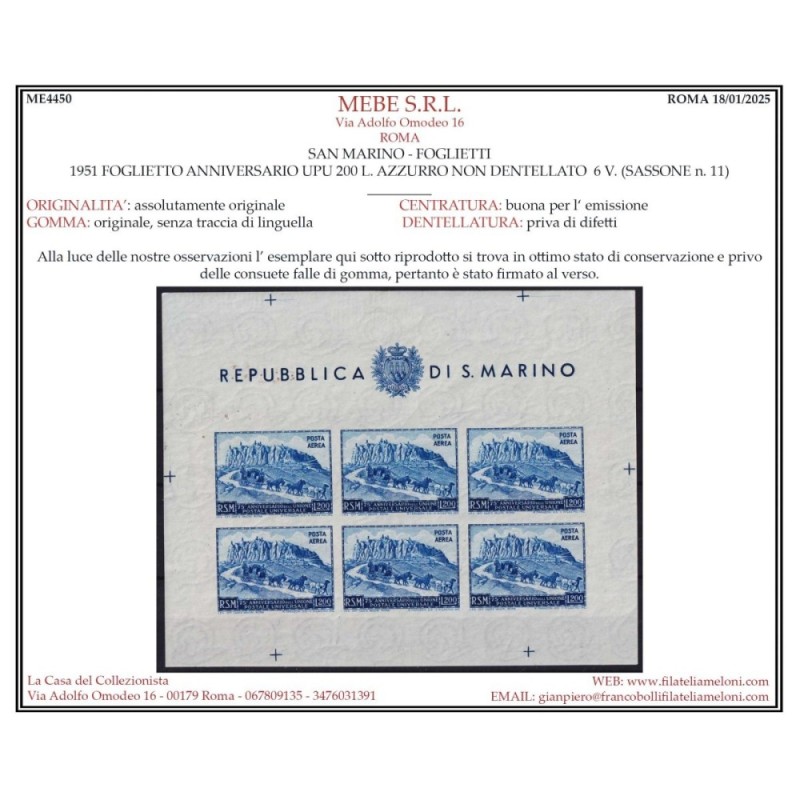 SAN MARINO 1951 FOGLIETTO UPU 200 LIRE N.11 G.I MNH** CERT. SENZA F...