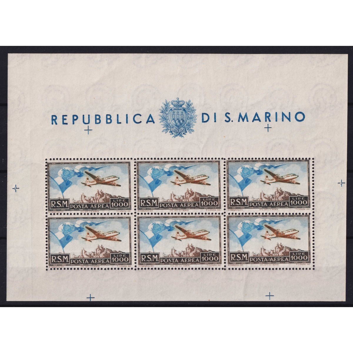 SAN MARINO 1951 FOGLIETTO BANDIERA 1000 LIRE N.13 G.I MNH** CERT. ... SAN MARINO 1951 FOGLIETTO BANDIERA 1000 LIRE N.13 G.I MNH** CERT. ...