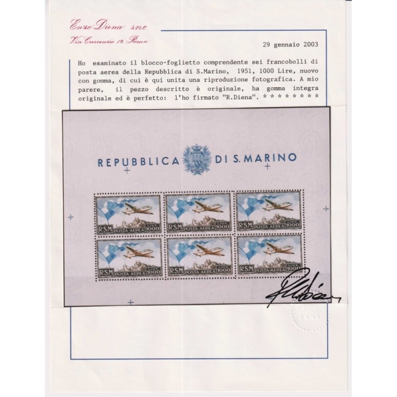 SAN MARINO 1951 FOGLIETTO BANDIERA 1000 LIRE N.13 G.I MNH** CERT.  ...