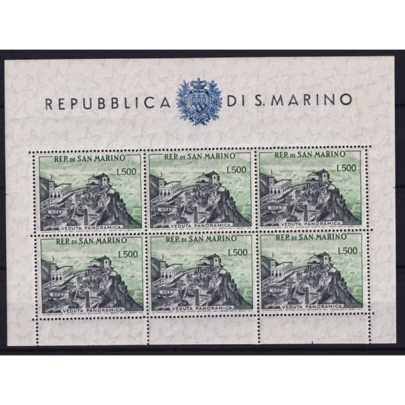 SAN MARINO 1958 FOGLIETTO VEDUTA 500 LIRE N.18 G.I MNH** CERT. BOLA...