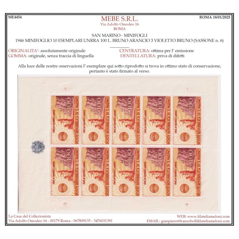 SAN MARINO 1946 MINIFOGLIO UNRRA N.6 G.I MNH** CERT.  | Filatelia M...