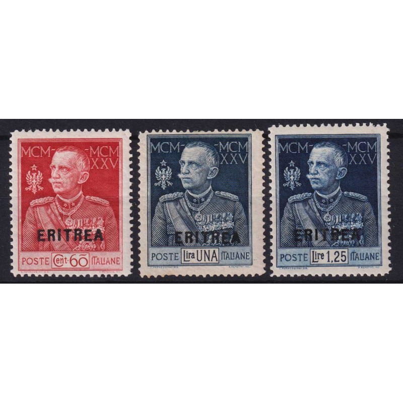 COLONIE ERITREA 1925-26 GIUBILEO DEL RE 3 VALORI DENT. 13 /2 G.I MN...