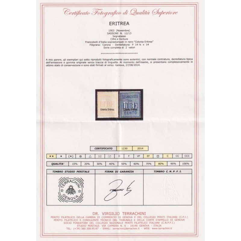 COLONIE ERITREA 1903 SEGNATASSE 2 V. N.12-13 G.I MNH** CERT.  | Fil...