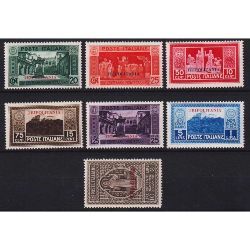 COLONIE TRIPOLITANIA 1929 MONTECASSINO 7 VALORI G.I MNH**  | Filate...
