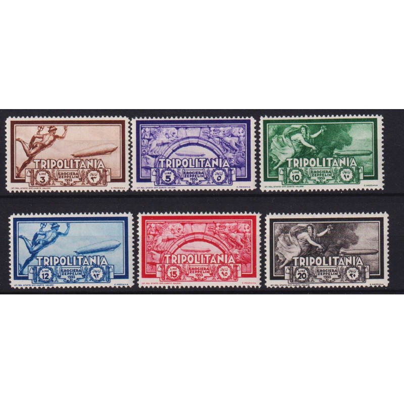 COLONIE TRIPOLITANIA 1933 POSTA AEREA CROCIERA ZEPPELIN 6 V. G.I MN...