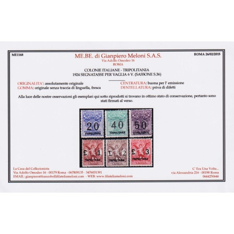 COLONIE TRIPOLITANIA 1924 SEGNATASSE PER VAGLIA 6 V. N.1-6 G.I MNH*...