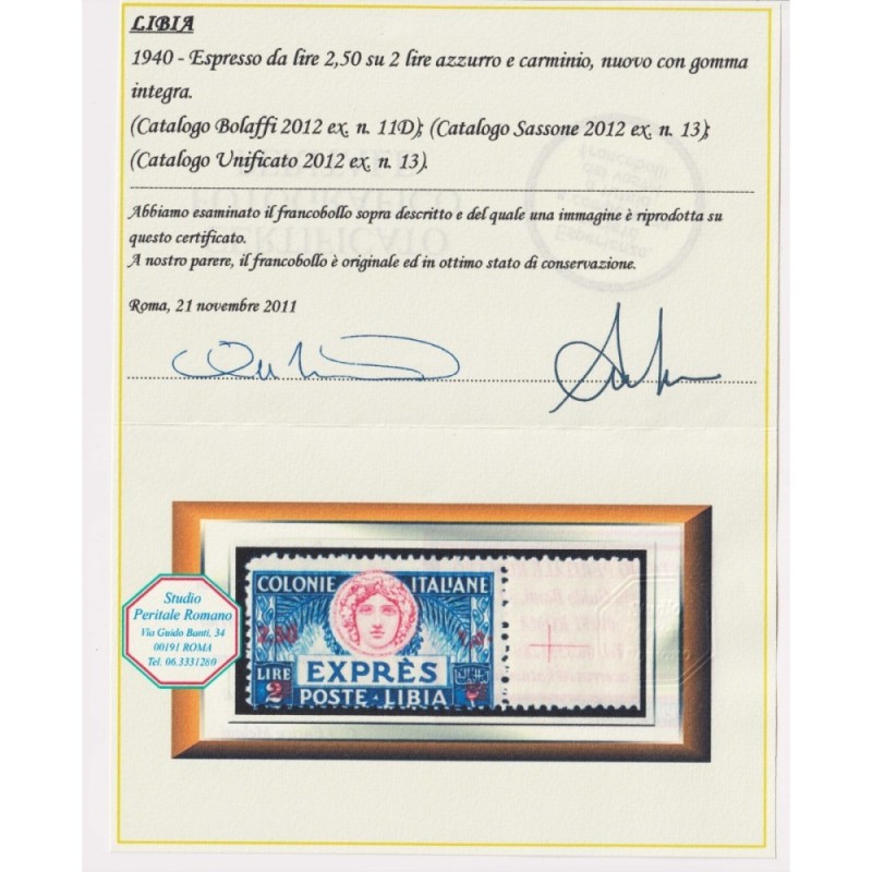 COLONIE LIBIA 1927 ESPRESSO 2,50 LIRE SU 2 LIRE N.13 G.I MNH** CERT...