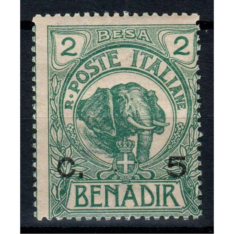 COLONIE SOMALIA 1906-07 ELEFANTI E LEONI 5 CENT. SU 2 b. G.I MNH** ...