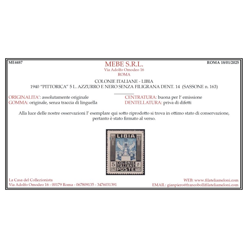 COLONIE LIBIA 1940 PITTORICA 5 LIRE N.163 G.I MNH** CERT.  | Filate...