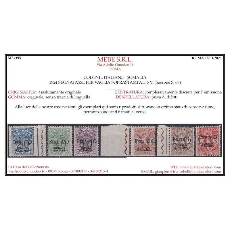 COLONIE SOMALIA 1924 SEGNATASSE PER VAGLIA 6 V. N.1-6 G.I MNH** CER...