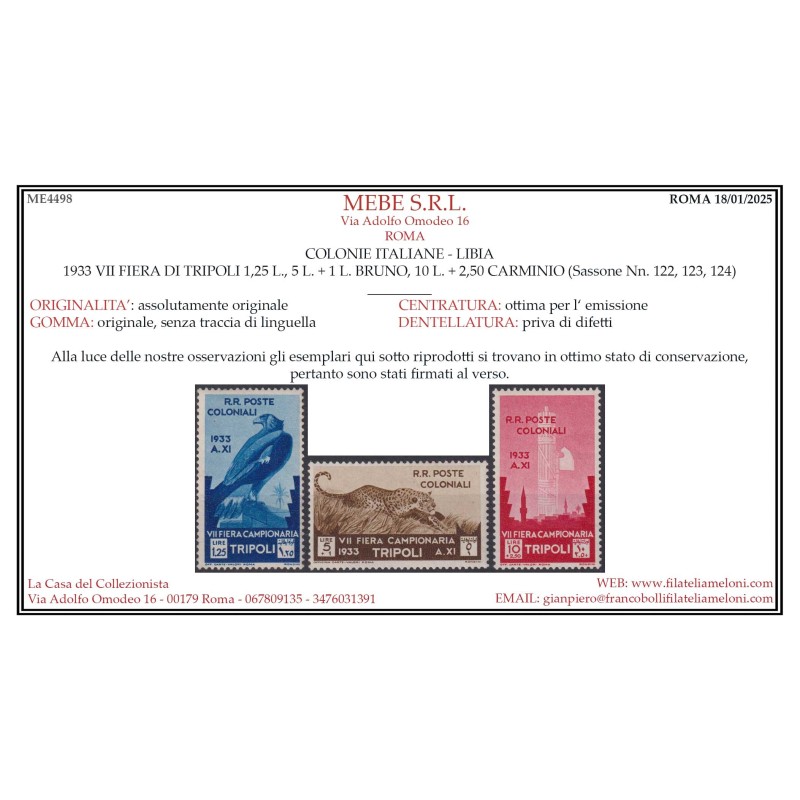 COLONIE LIBIA 1933 VII FIERA DI TRIPOLI 13 V. G.I MNH** CERT.  | Fi...