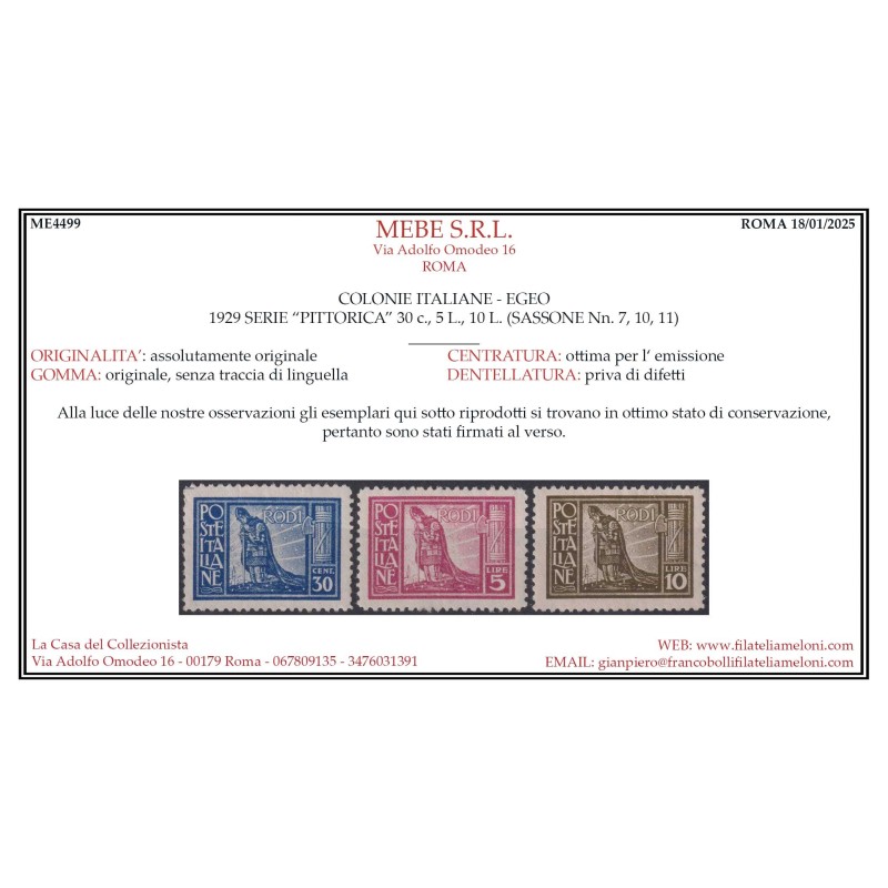 COLONIE EGEO 1929 PITTORICA DENT.11 9 VALORI G.I MNH** CERT.  | Fil...