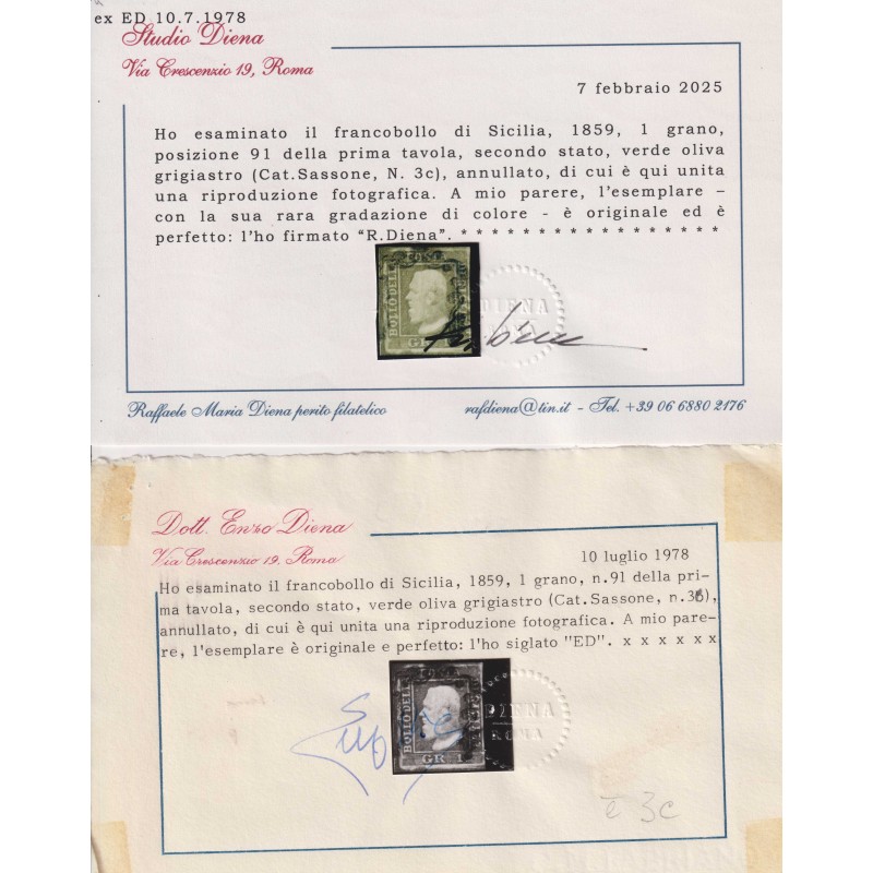SICILIA 1859 1 GRANO VERDE OLIVA GRIGIASTRO I TAV. II STATO N.3c US...
