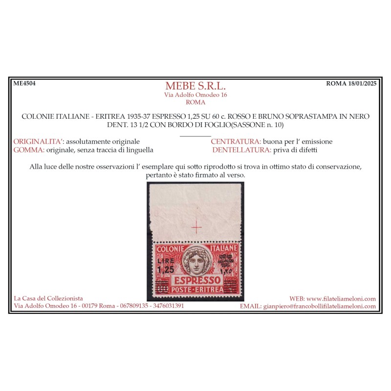 COLONIE ERITREA 1935-37 ESPRESSO 1,25 L. SU 60 CENT. N.10 G.I MNH**...
