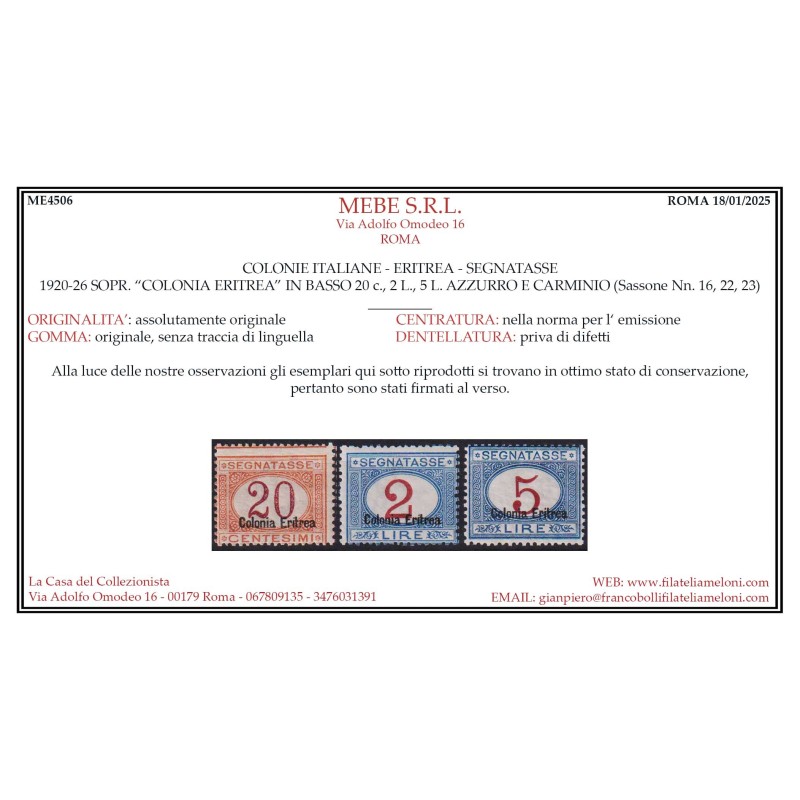 COLONIE ERITREA 1920-26 SEGNATASSE 11 V. N.14-24 G.I MNH** CERT.  |...