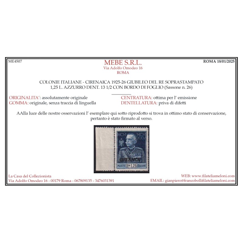 COLONIE CIRENAICA 1925-26 GIUBILEO DEL RE 4 V. RARO N.23-26 G.I MNH...