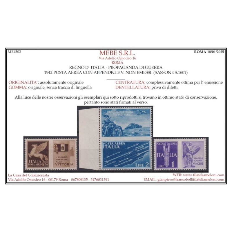 REGNO D'ITALIA 1942 PROPAGANDA DI GUERRA NON EMESSI 3 V. G.I MNH** ...