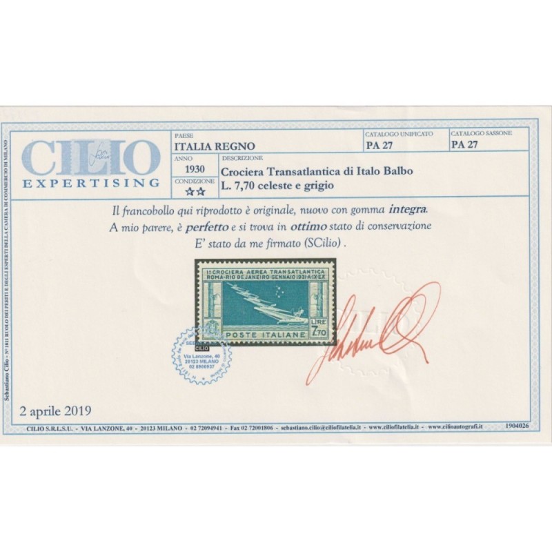 REGNO D'ITALIA 1930 P/A CROCIERA BALBO 7,70 LIRE G.I MNH** CERT.  |...