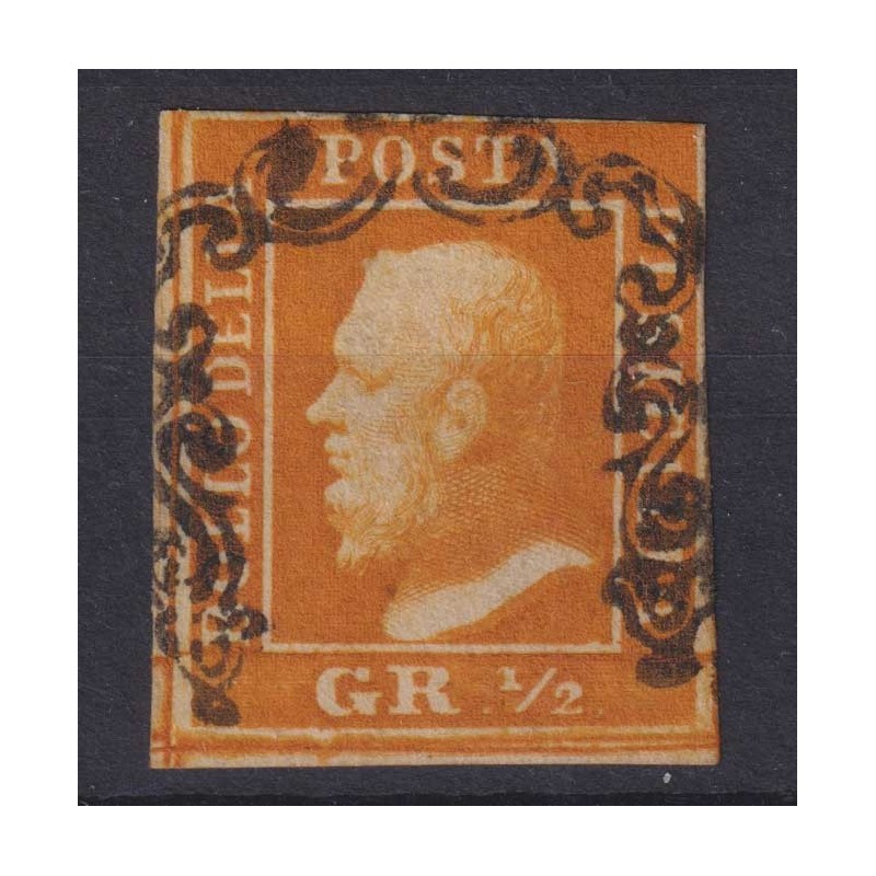SICILIA 1859 ½ MEZZO GRANO ARANCIO II TAV. NAPOLI N.2a US. 2 CERT. ...