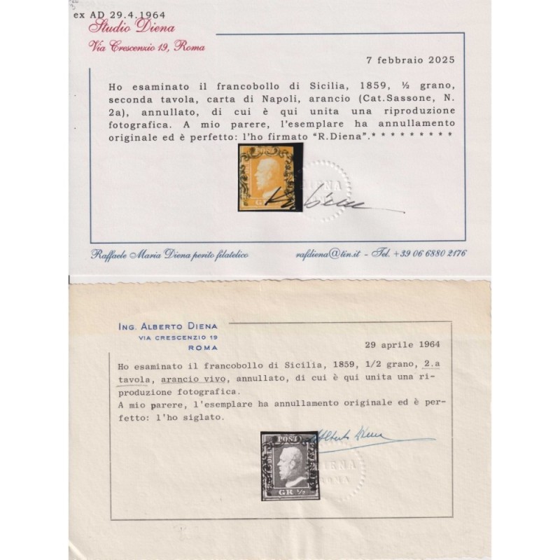 SICILIA 1859 ½ MEZZO GRANO ARANCIO II TAV. NAPOLI N.2a US. 2 CERT. ...