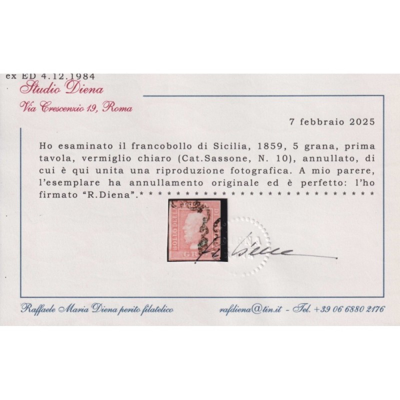 SICILIA 1859 5 GRANA VERMIGLIO CHIARO I TAV. N.10 US. CERT.  | Fila...