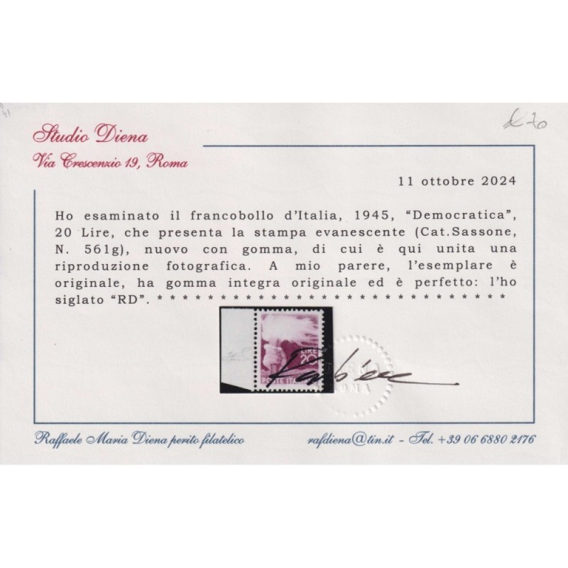 REPUBBLICA 1945 DEMOCRATICA 20 LIRE VARIETA' N.561g G.I MNH** CERT....