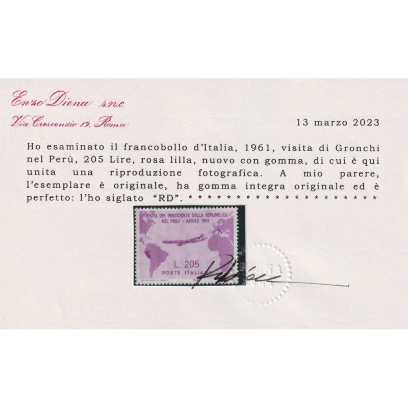 REPUBBLICA 1961 GRONCHI ROSA 205 LIRE G.I MNH** CERT.  | Filatelia ...