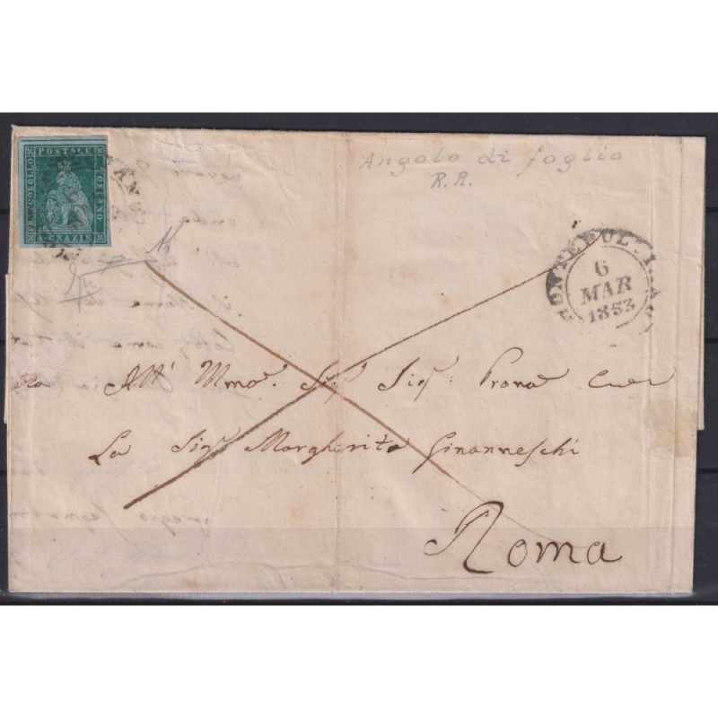 TOSCANA 1851 4 CRAZIE VERDE AZZURRO SU AZZURRO N.6a US. SU BUSTA CE...
