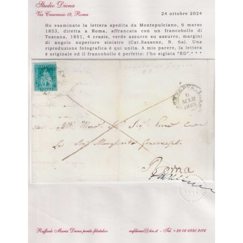 TOSCANA 1851 4 CRAZIE VERDE AZZURRO SU AZZURRO N.6a US. SU BUSTA CE...