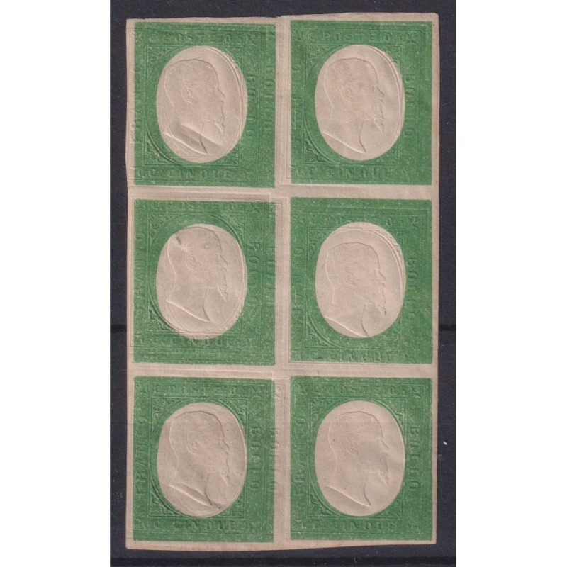 SARDEGNA 1854 5 CENTESIMI BLOCCO DI 6 V. G.I / G.O N.10 UNICO NOTO ...