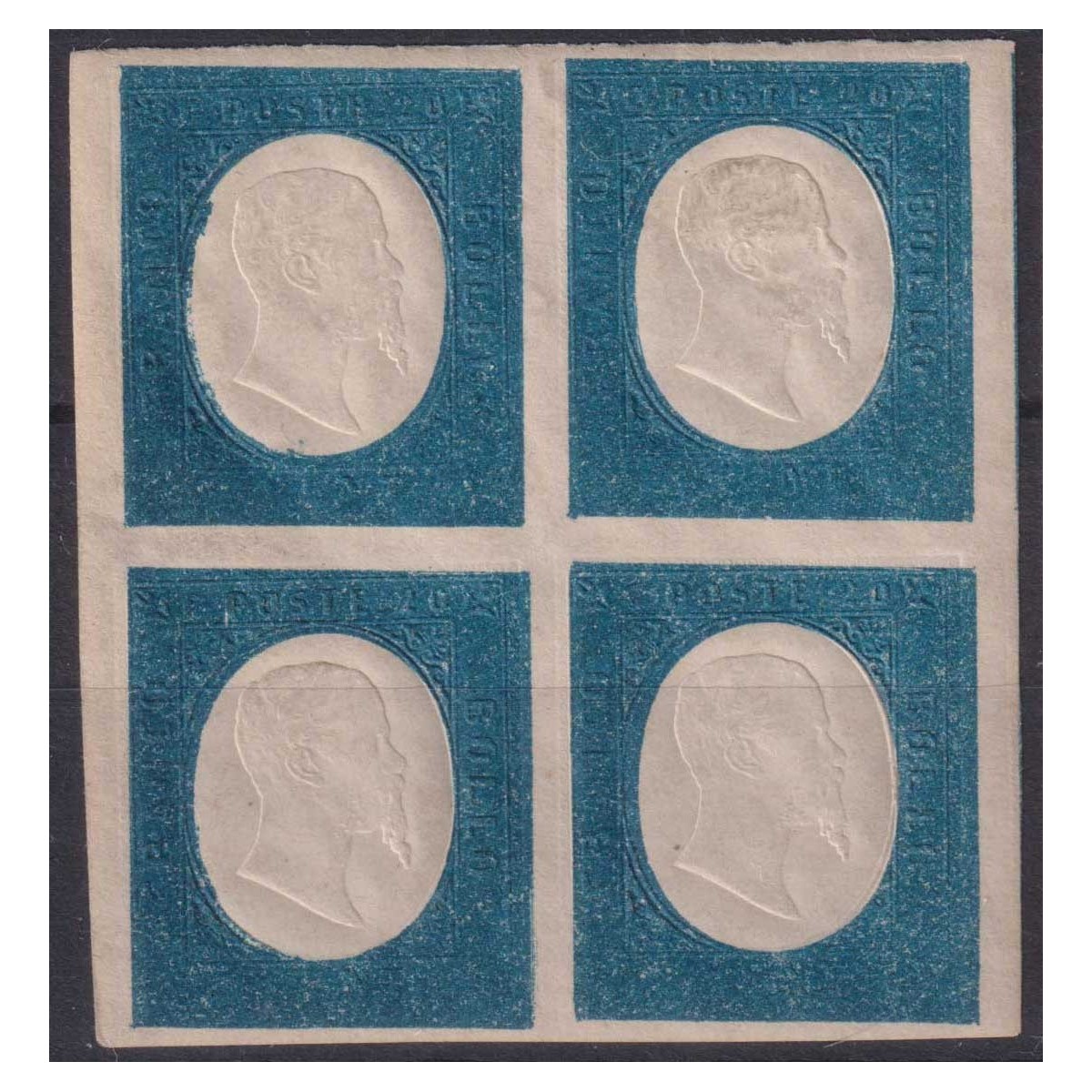 SARDEGNA 1854 QUARTINA 20 CENTESIMI NON EMESSO N.11 G.O MH* CERT. B... SARDEGNA 1854 QUARTINA 20 CENTESIMI NON EMESSO N.11 G.O MH* CERT. B...