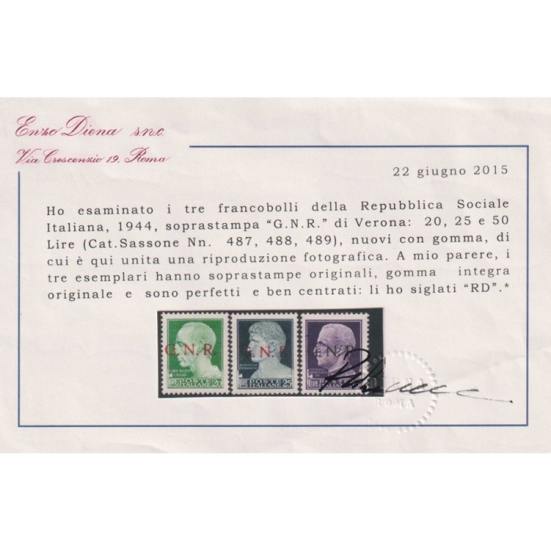 R.S.I. SOCIALE 1944 IMPERIALE GNR VERONA 20 V. G.I MNH** CERT.  | F...